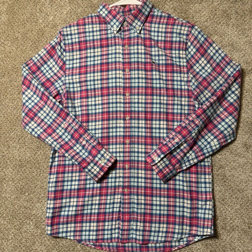 Vineyard Vines Boy’s Plaid Button Down Shirt Fall 2017 Blue Pink Cotton Sz Large